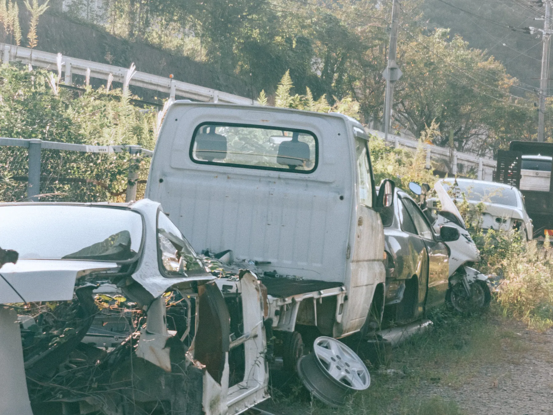 草木に囲まれた廃墟風車両のディテール